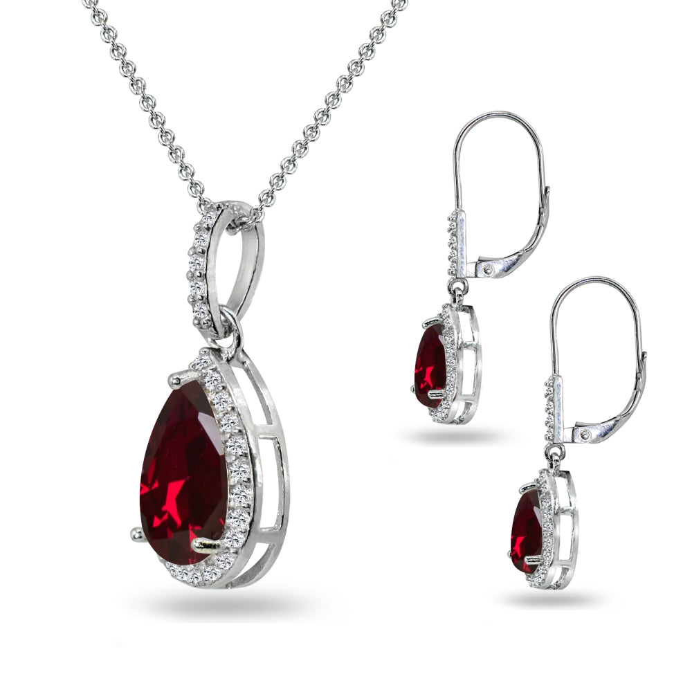 Sterling Silver Created Ruby & White Topaz Teardrop Halo Dangling Necklace & Leverback Earrings-2