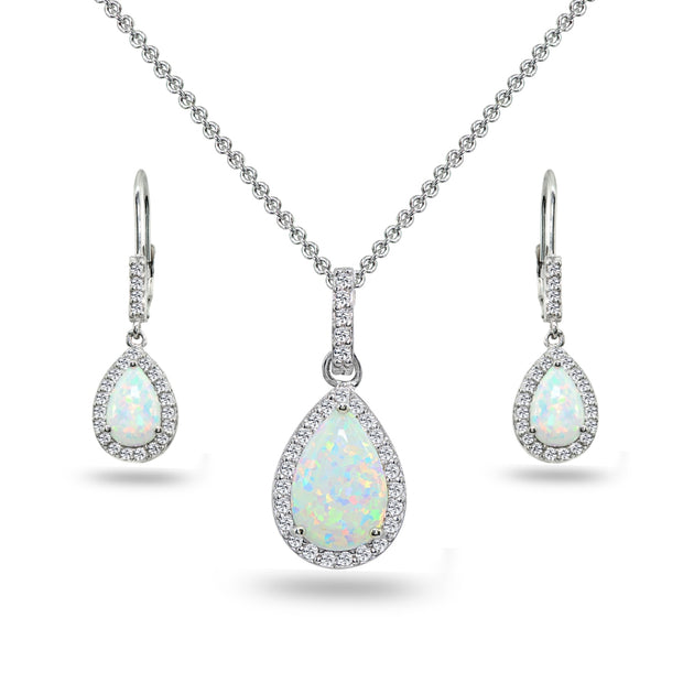 Sterling Silver Created White Opal & Topaz Teardrop Halo Dangling Necklace & Leverback Earrings