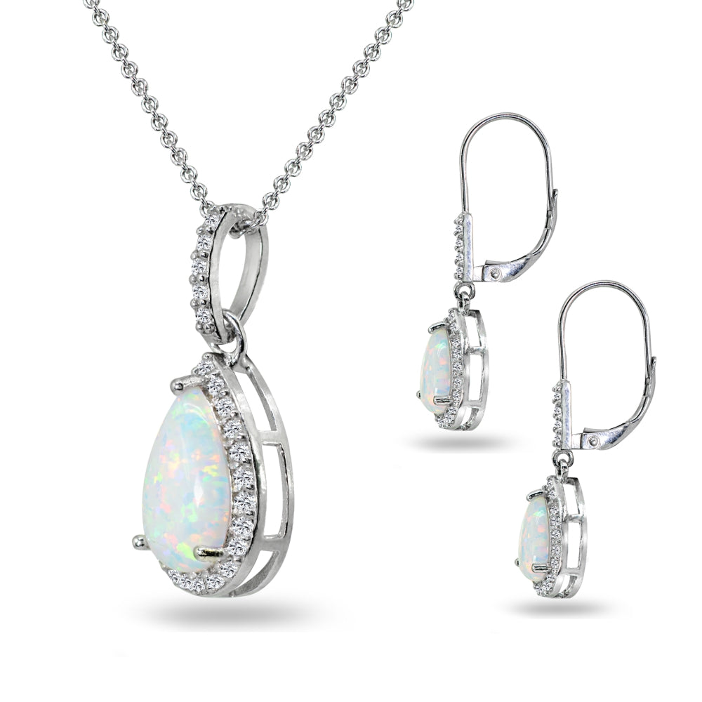 Sterling Silver Created White Opal & Topaz Teardrop Halo Dangling Necklace & Leverback Earrings-2