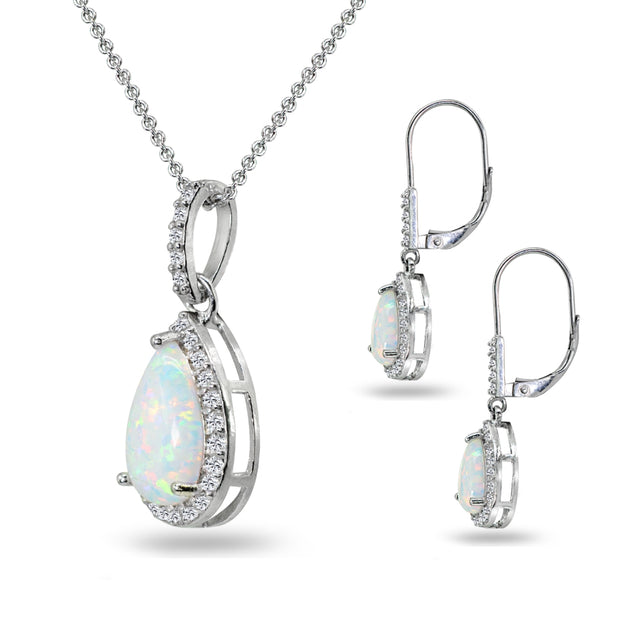 Sterling Silver Created White Opal & Topaz Teardrop Halo Dangling Necklace & Leverback Earrings