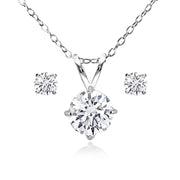 Sterling Silver AAA Cubic Zirconia Round Solitaire Necklace & Stud Earrings Set