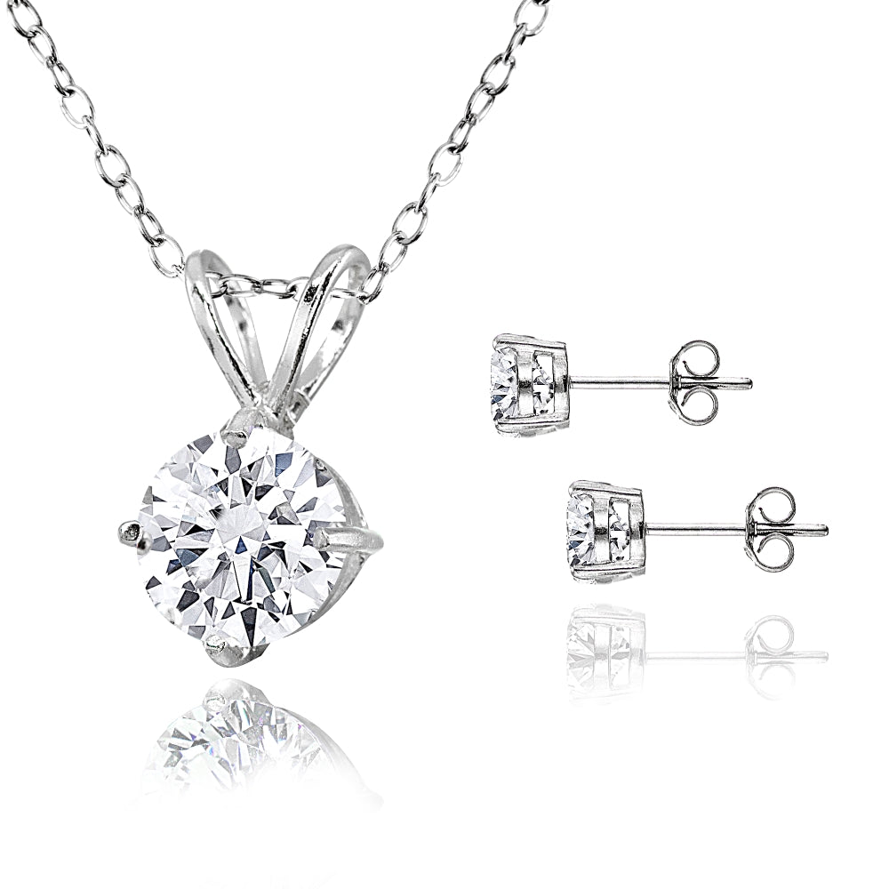 Sterling Silver AAA Cubic Zirconia Round Solitaire Necklace & Stud Earrings Set-2