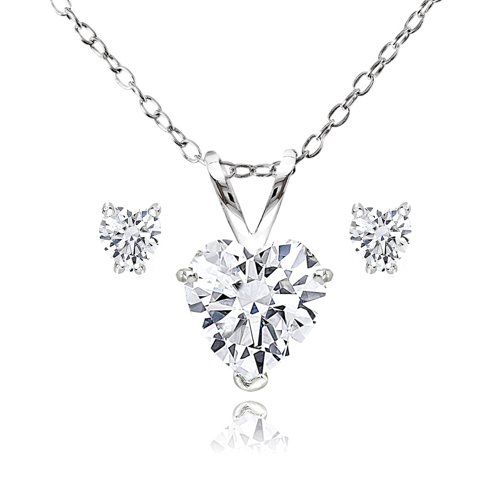 Sterling Silver AAA Cubic Zirconia Heart Solitaire Necklace & Stud Earrings Set