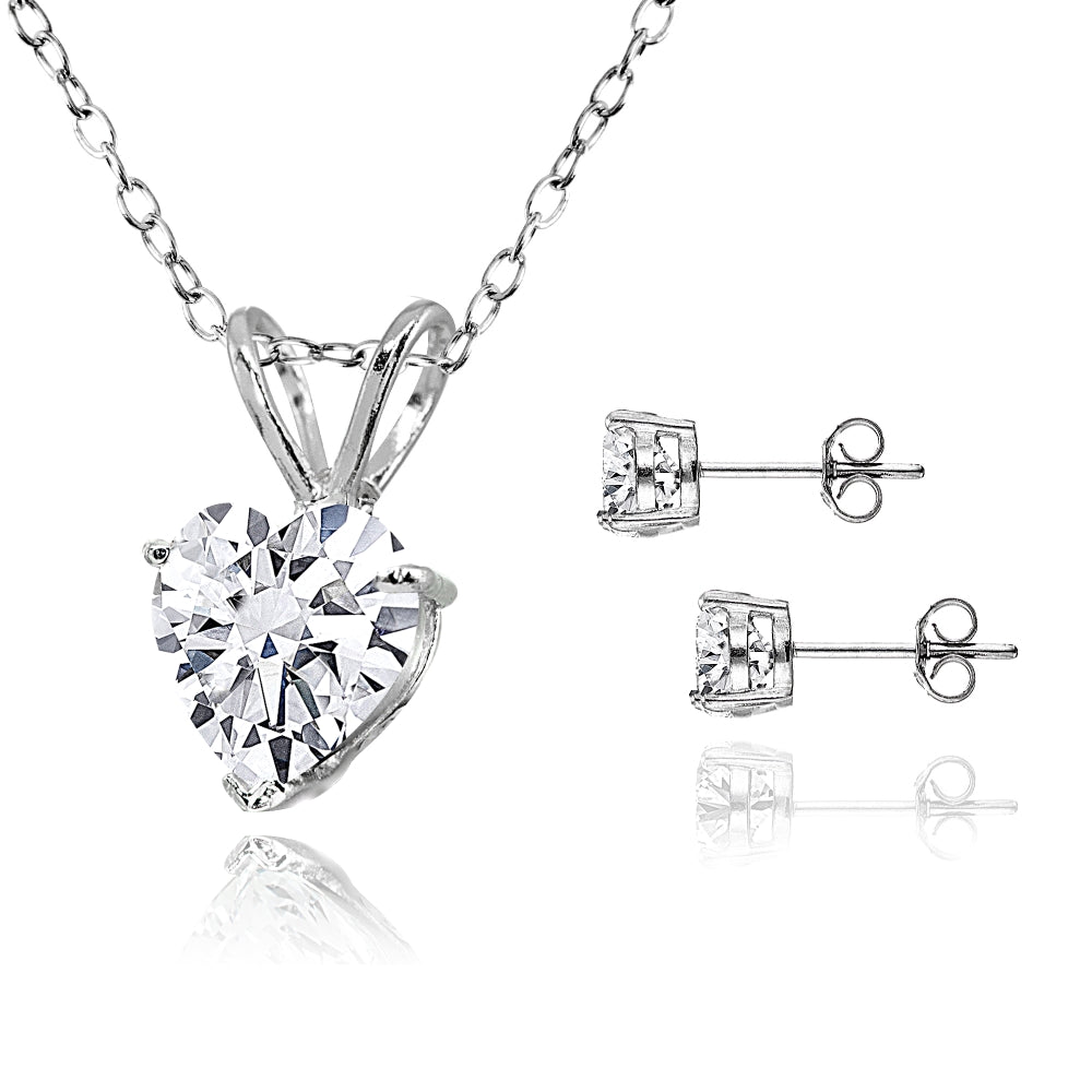 Sterling Silver AAA Cubic Zirconia Heart Solitaire Necklace & Stud Earrings Set-2