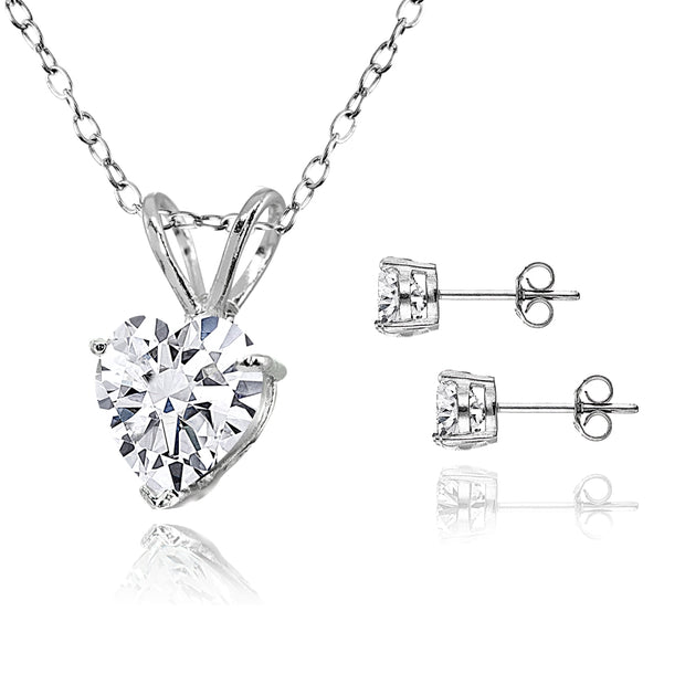 Sterling Silver AAA Cubic Zirconia Heart Solitaire Necklace & Stud Earrings Set