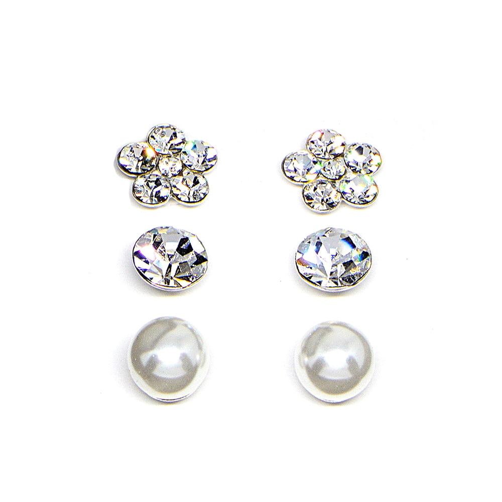 Sterling Silver Solitaire Round, Flower and Created Pearl 3 Pair Stud Earrings Box Set