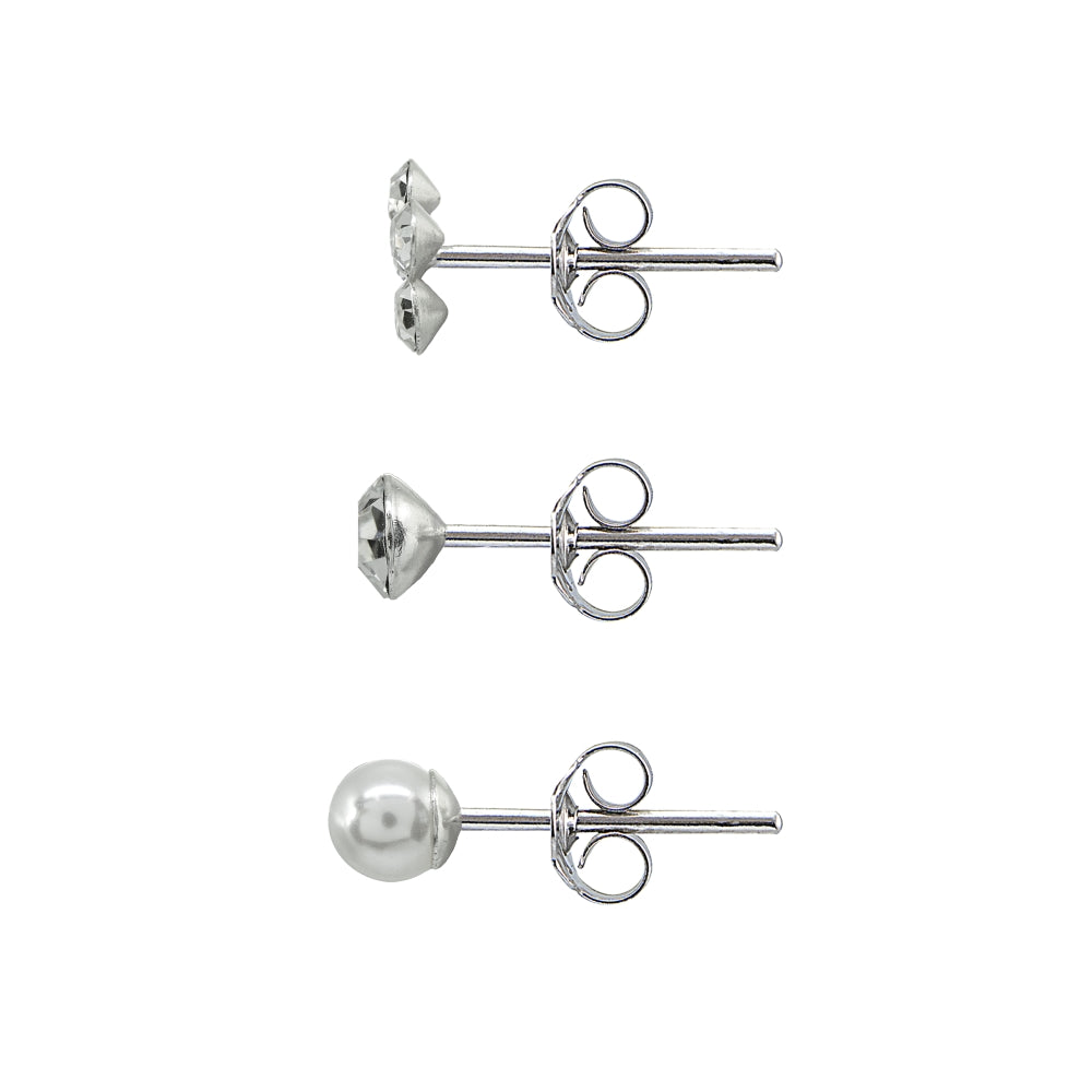 Sterling Silver Solitaire Round, Flower and Created Pearl 3 Pair Stud Earrings Box Set-2
