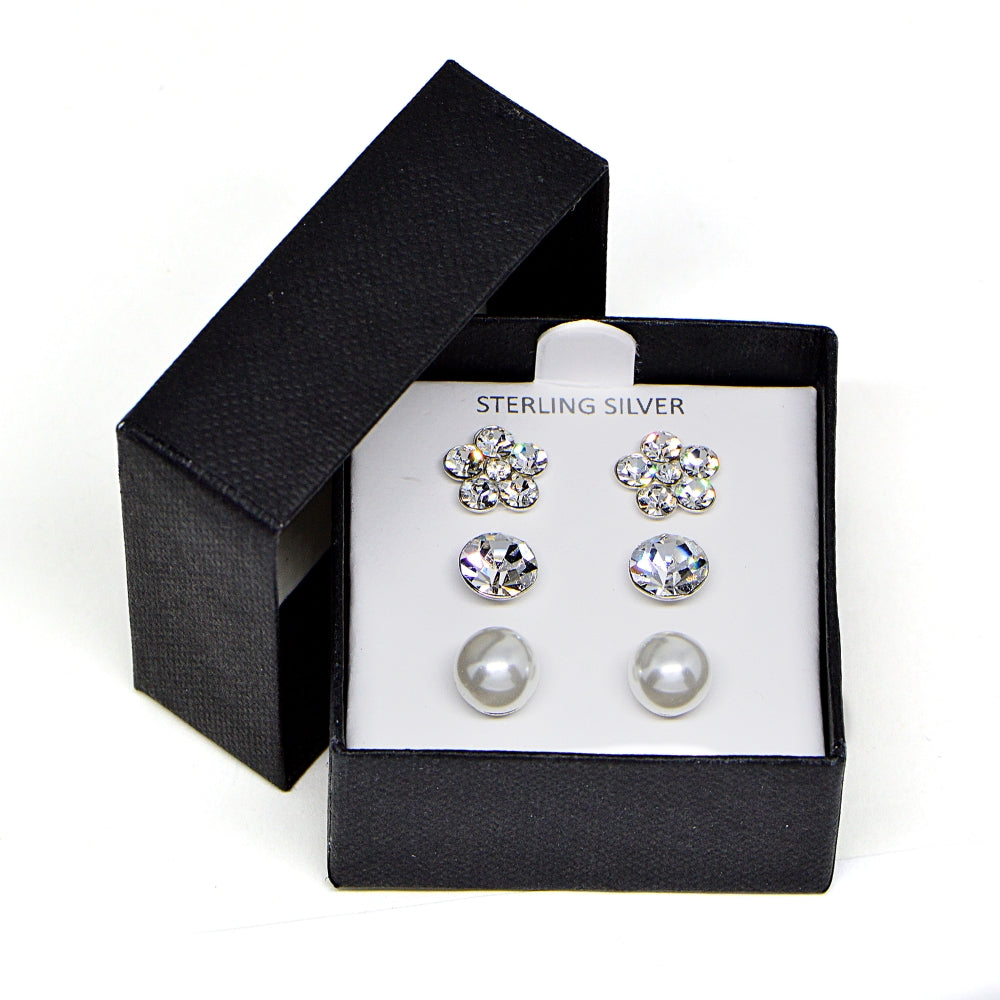 Sterling Silver Solitaire Round, Flower and Created Pearl 3 Pair Stud Earrings Box Set-3