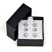 Sterling Silver Solitaire Round, Flower and Created Pearl 3 Pair Stud Earrings Box Set