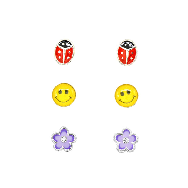 Sterling Silver Enamel Red Beetle Lady Bug, Yellow Smiley Face and Purple Flower 3 Pair Stud Earrings Box Set