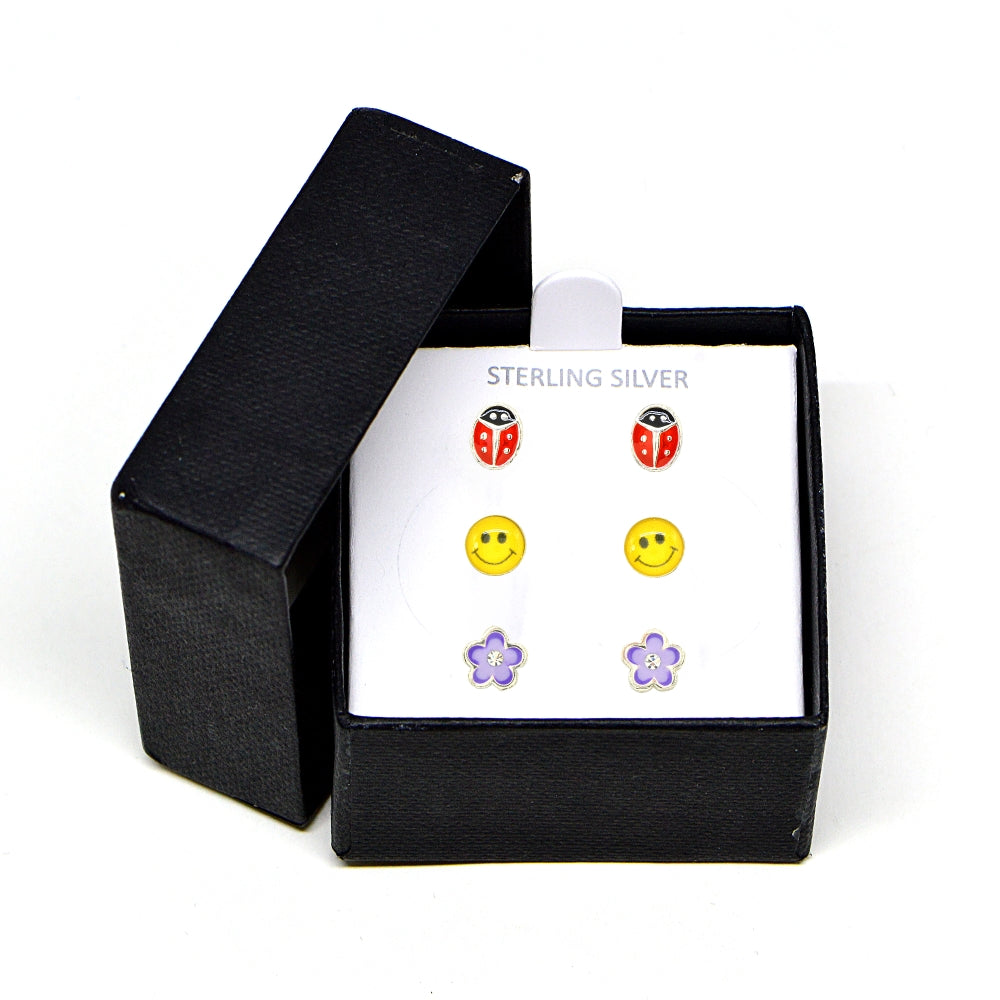Sterling Silver Enamel Red Beetle Lady Bug, Yellow Smiley Face and Purple Flower 3 Pair Stud Earrings Box Set-3