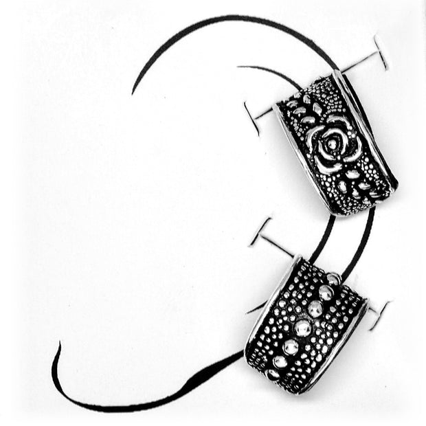 Sterling Silver Oxidized Rose Flower Tail Non-Piercing Helix Cartilage Two Earring Cuffs Set