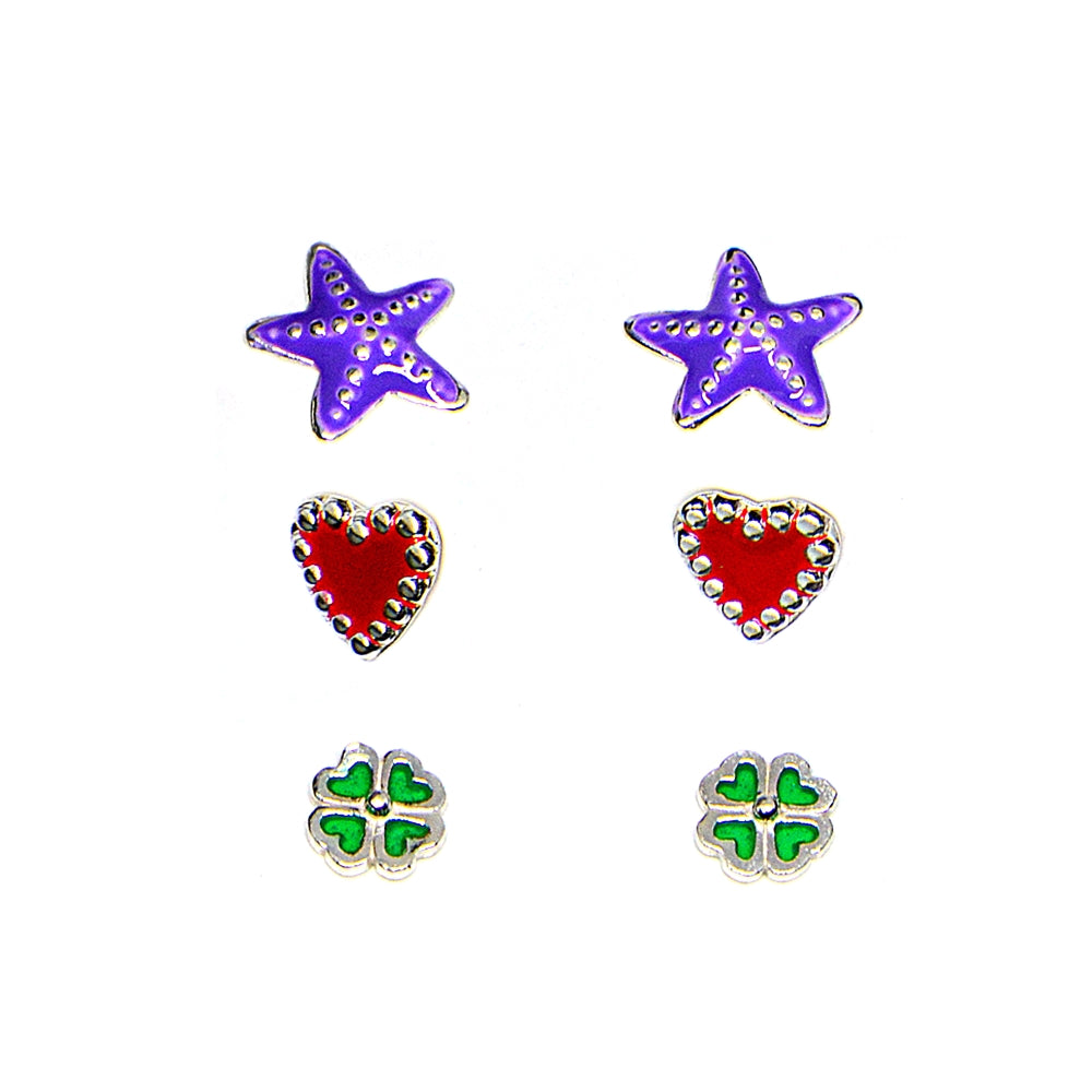 Sterling Silver Enamel Purple Starfish, Red Heart and Green Four Leaf Clover 3 Pair Stud Earrings Box Set