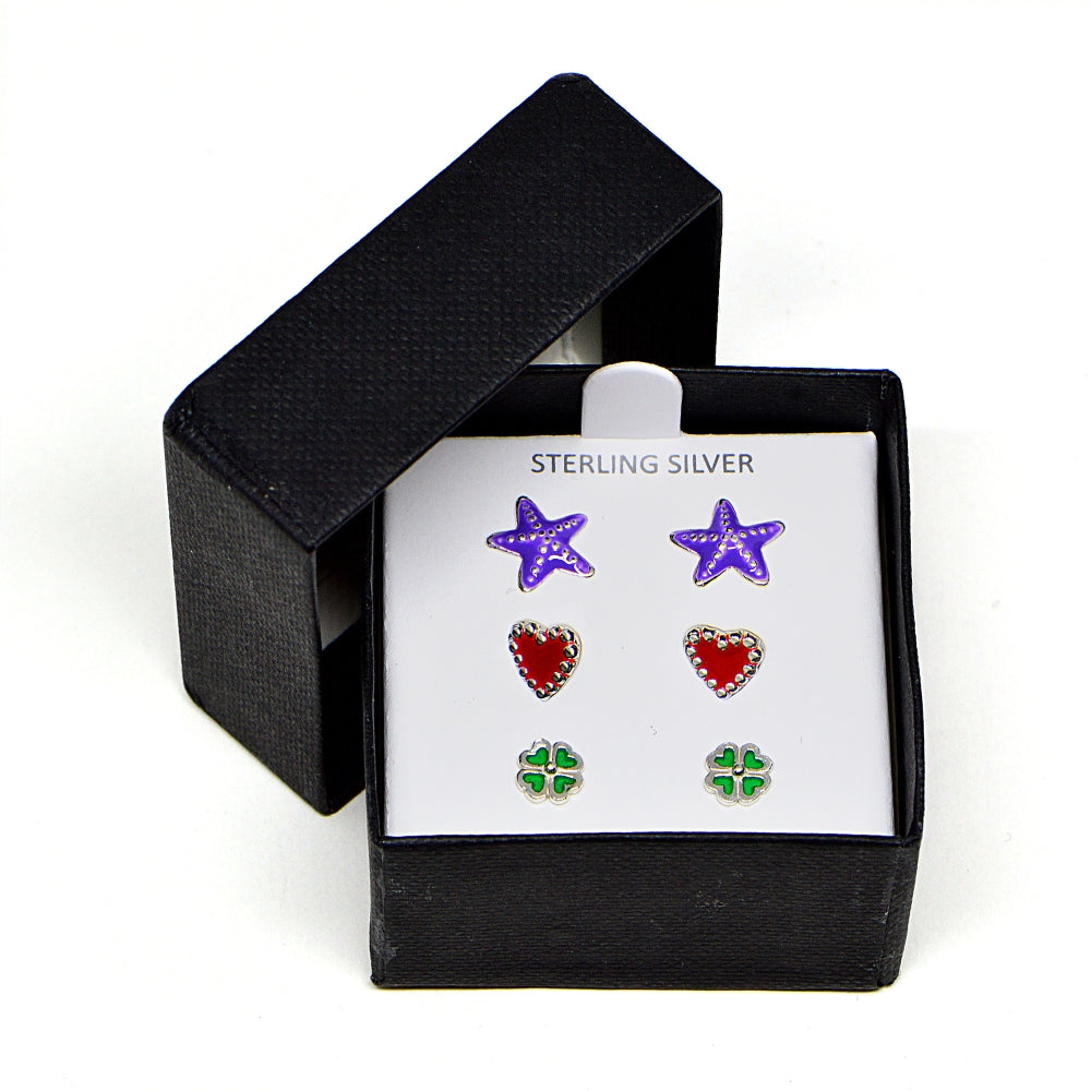 Sterling Silver Enamel Purple Starfish, Red Heart and Green Four Leaf Clover 3 Pair Stud Earrings Box Set-3