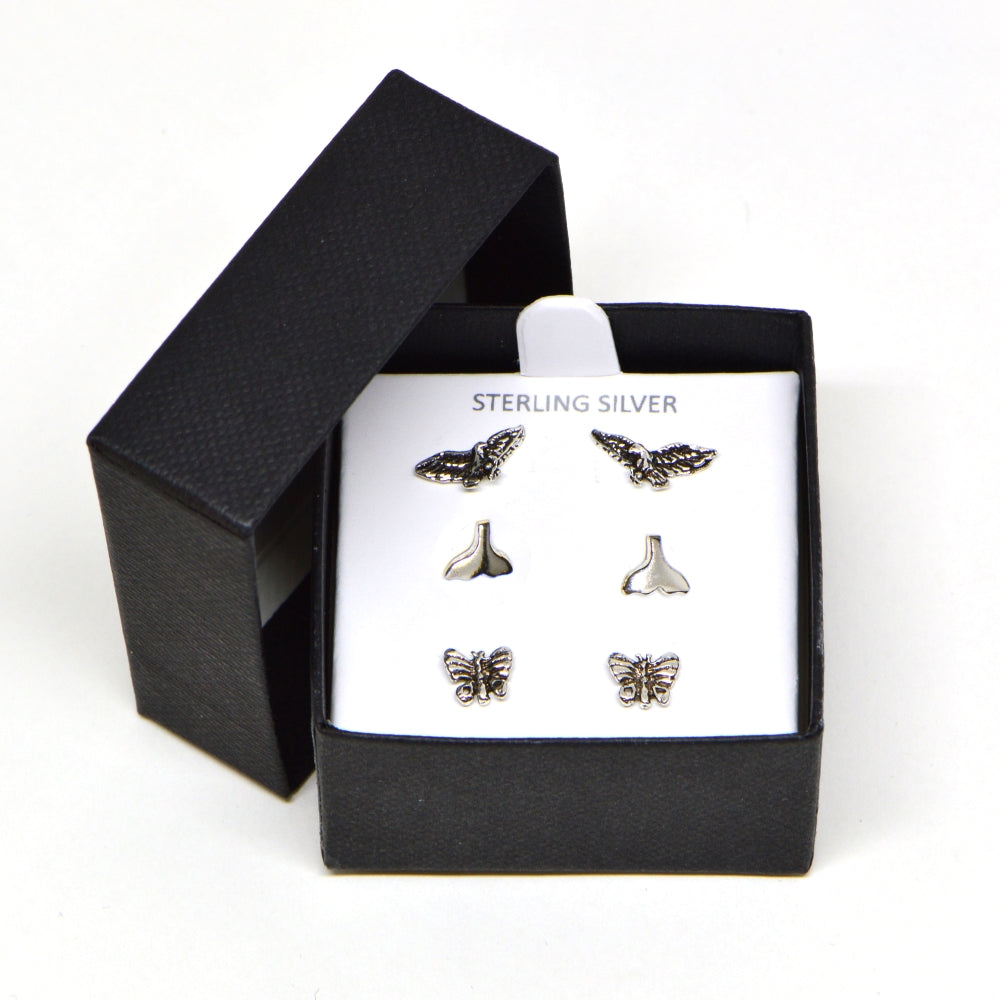 Sterling Silver Polished Eagle Bird Whale Tail Butterfly 3 Pair Stud Earrings Box Set-3