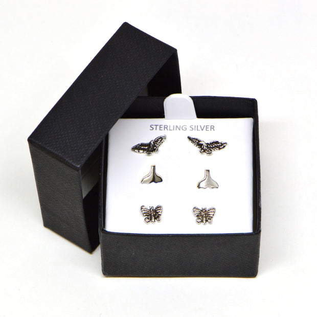 Sterling Silver Polished Eagle Bird Whale Tail Butterfly 3 Pair Stud Earrings Box Set