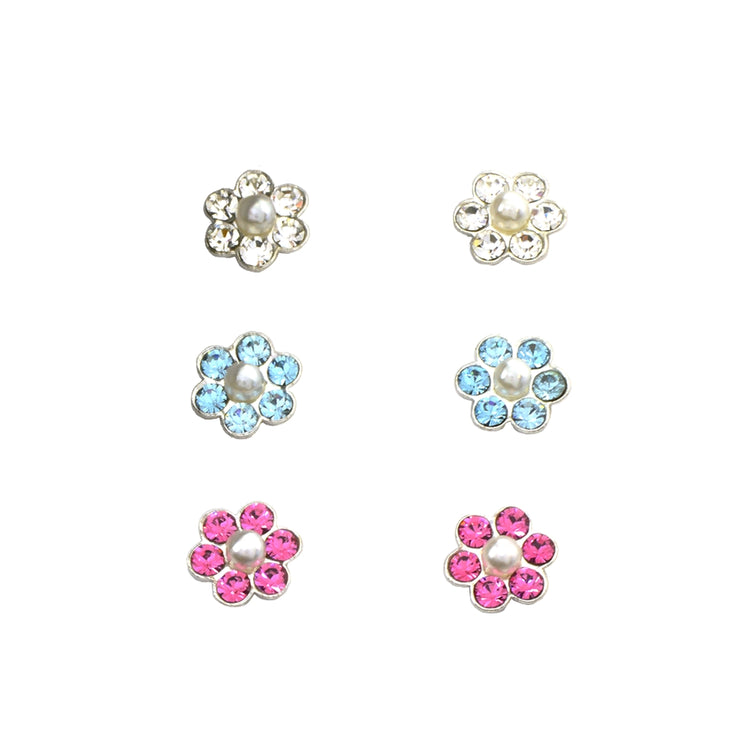 Sterling Silver Pink, Blue and Clear Flower 3 Pair Stud Earrings Box Set