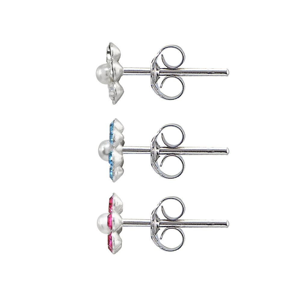 Sterling Silver Pink, Blue and Clear Flower 3 Pair Stud Earrings Box Set-2
