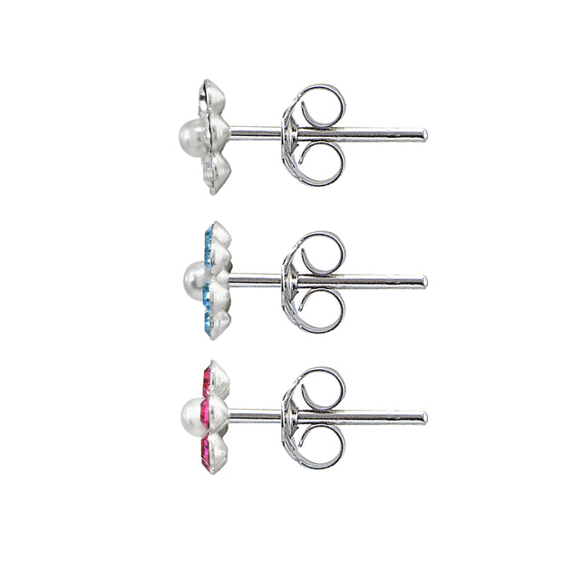 Sterling Silver Pink, Blue and Clear Flower 3 Pair Stud Earrings Box Set