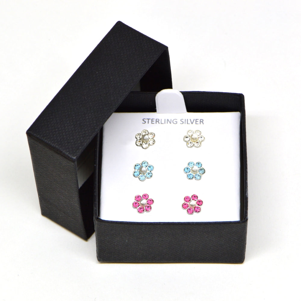 Sterling Silver Pink, Blue and Clear Flower 3 Pair Stud Earrings Box Set-3