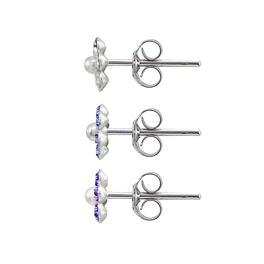 Sterling Silver Polished Flower Clear, Purple & Blue 3 Pair Stud Earrings Box Set-2