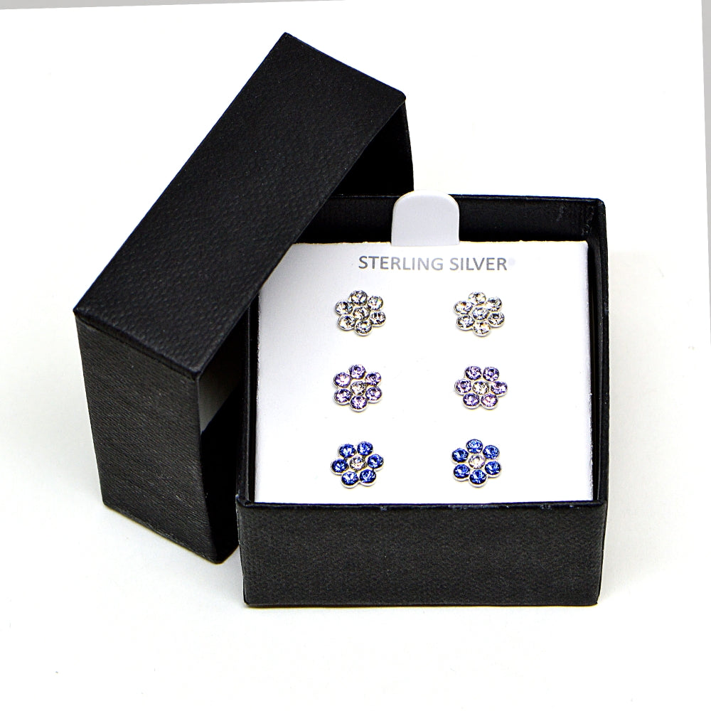Sterling Silver Polished Flower Clear, Purple & Blue 3 Pair Stud Earrings Box Set-3