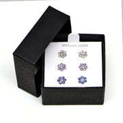 Sterling Silver Polished Flower Clear, Purple & Blue 3 Pair Stud Earrings Box Set