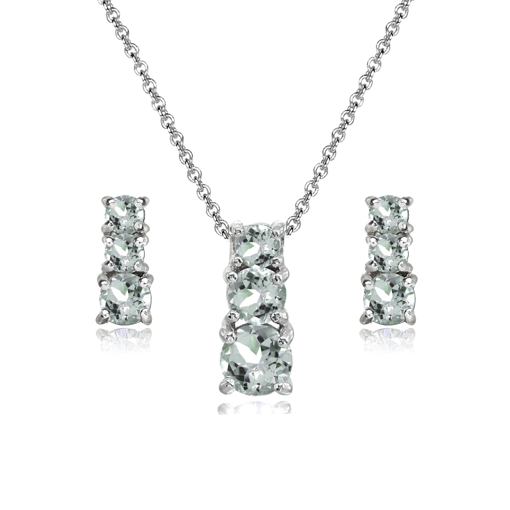 Sterling Silver Light Aquamarine Round Graduating Three Stone Stud Earrings & Necklace Set