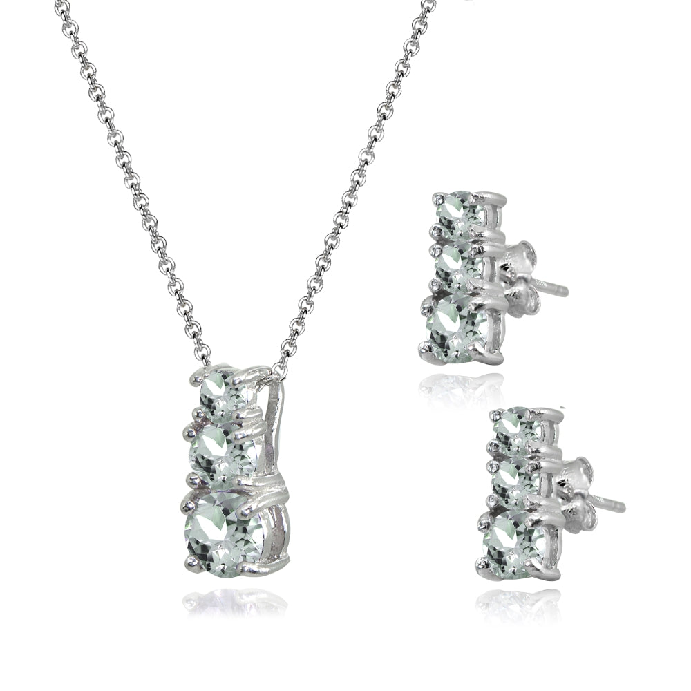 Sterling Silver Light Aquamarine Round Graduating Three Stone Stud Earrings & Necklace Set-2