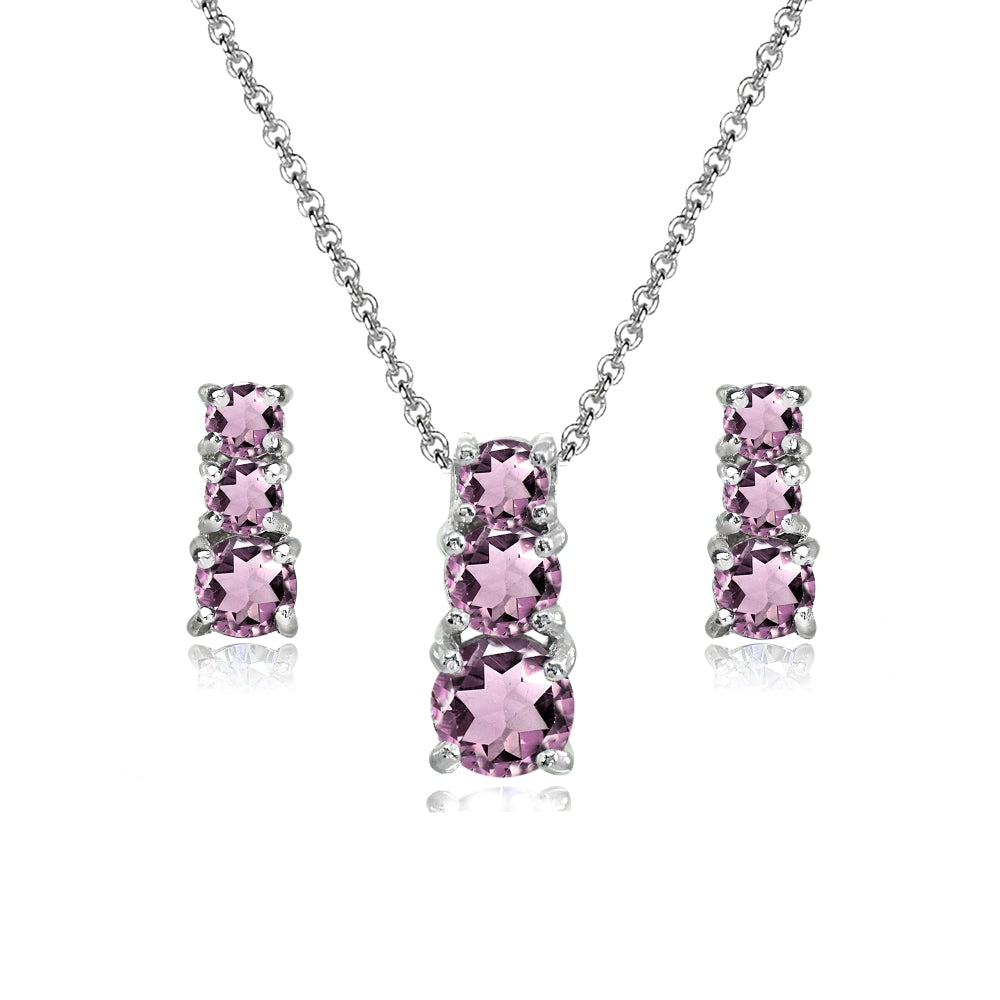 Sterling Silver Created Alexandrite Round Graduating Three Stone Stud Earrings & Necklace Set
