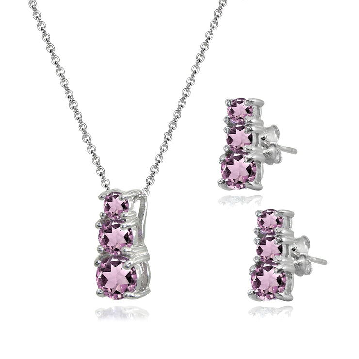 Sterling Silver Created Alexandrite Round Graduating Three Stone Stud Earrings & Necklace Set