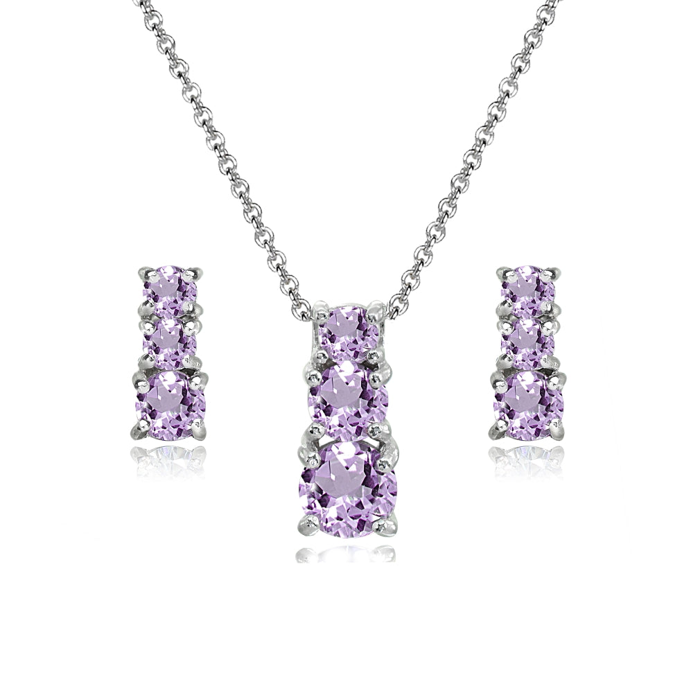 Sterling Silver Amethyst Round Graduating Three Stone Stud Earrings & Necklace Set