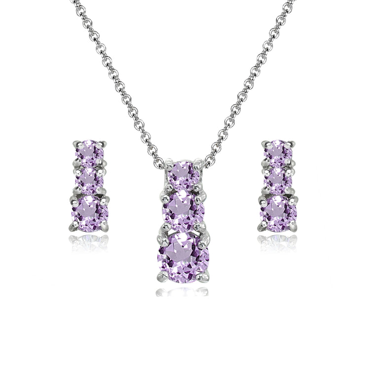 Sterling Silver Amethyst Round Graduating Three Stone Stud Earrings & Necklace Set