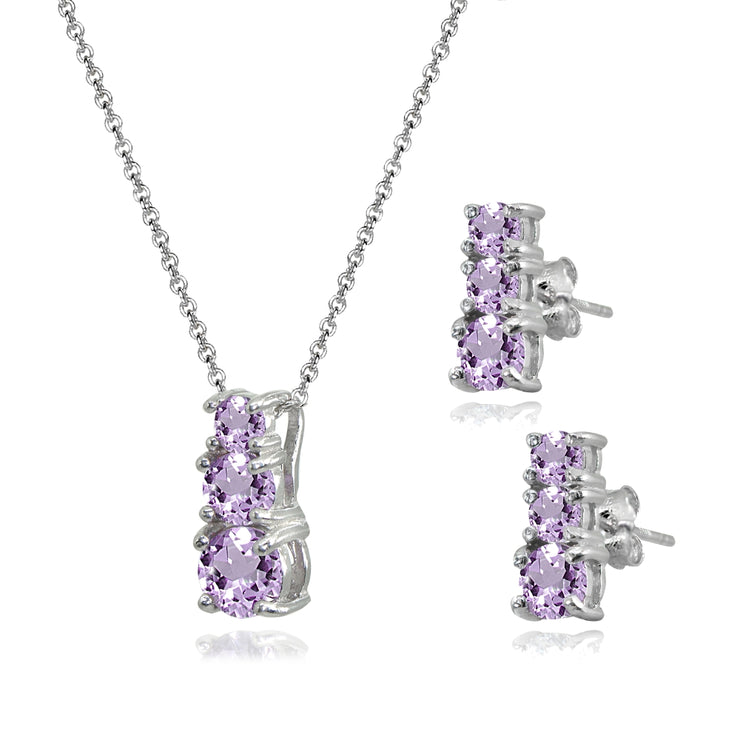 Sterling Silver Amethyst Round Graduating Three Stone Stud Earrings & Necklace Set