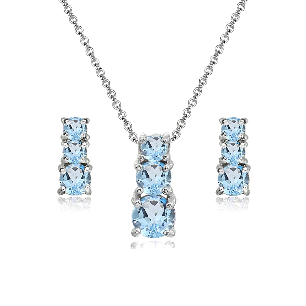 Sterling Silver Blue Topaz Round Graduating Three Stone Stud Earrings & Necklace Set