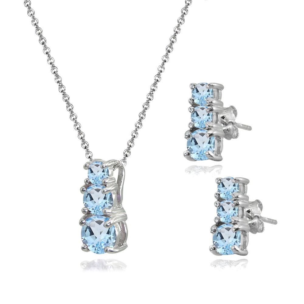 Sterling Silver Blue Topaz Round Graduating Three Stone Stud Earrings & Necklace Set-2
