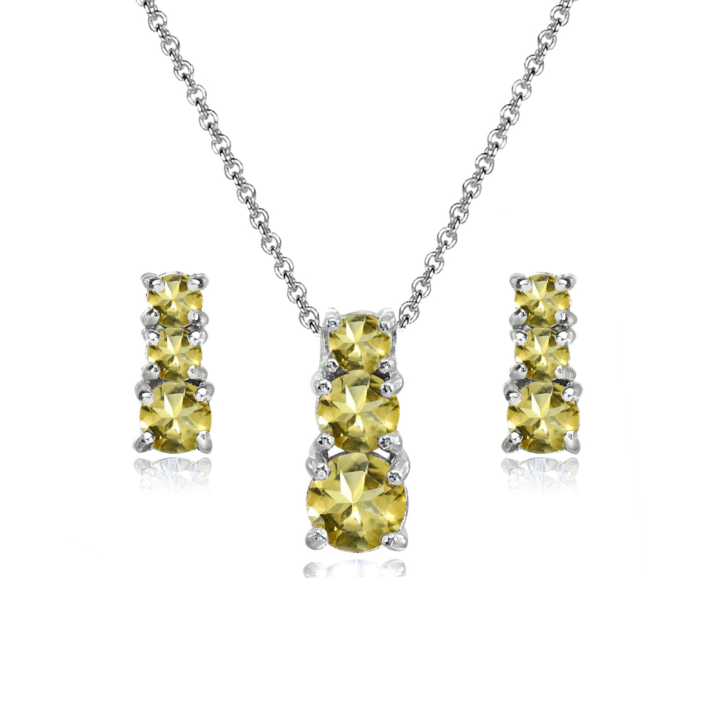 Sterling Silver Citrine Round Graduating Three Stone Stud Earrings & Necklace Set