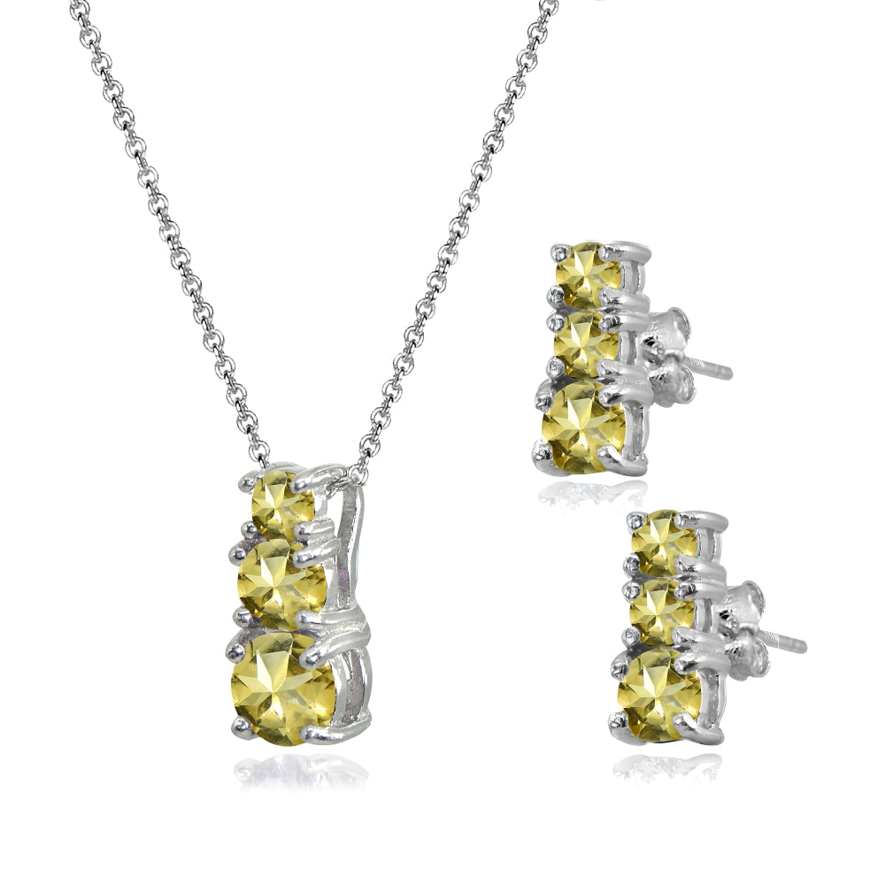 Sterling Silver Citrine Round Graduating Three Stone Stud Earrings & Necklace Set-2