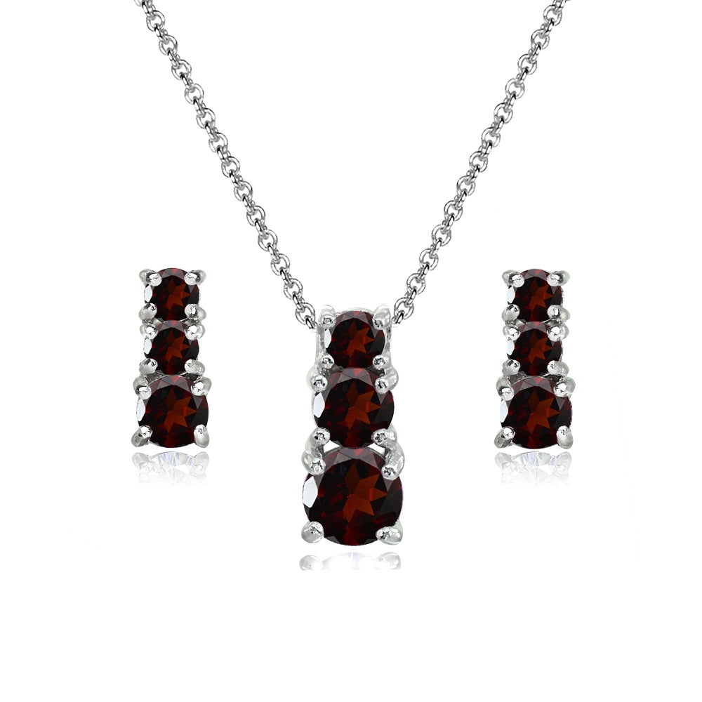 Sterling Silver Garnet Round Graduating Three Stone Stud Earrings & Necklace Set