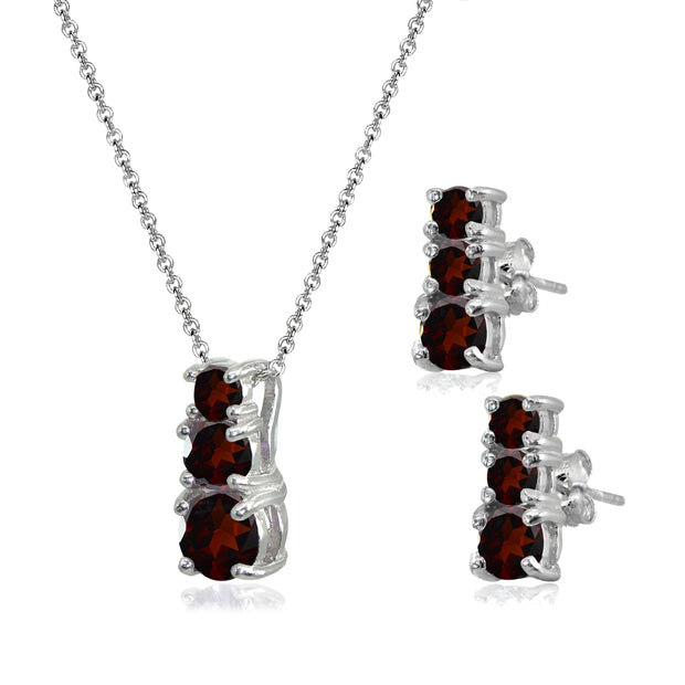 Sterling Silver Garnet Round Graduating Three Stone Stud Earrings & Necklace Set