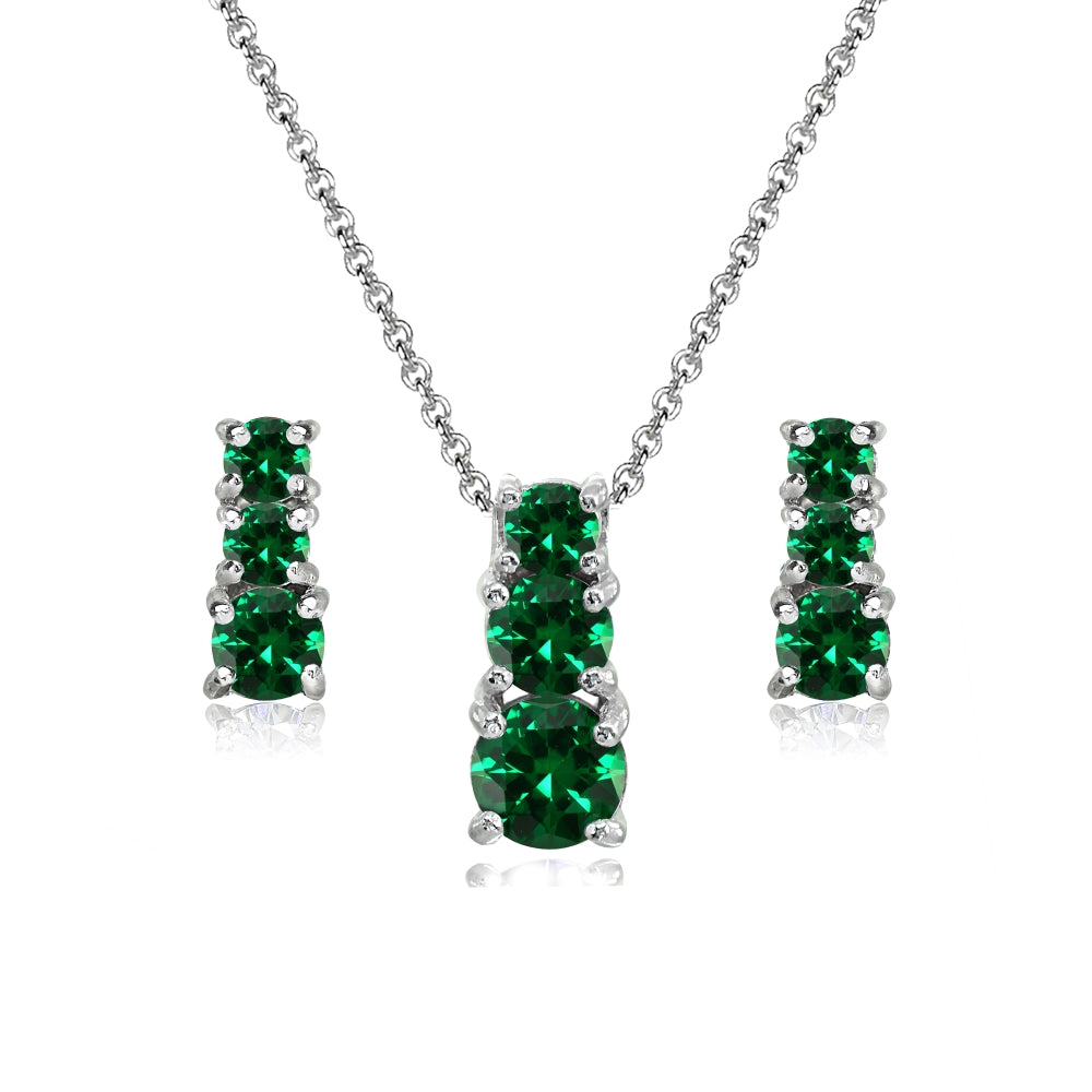 Sterling Silver Created Emerald Round Graduating Three Stone Stud Earrings & Necklace Set