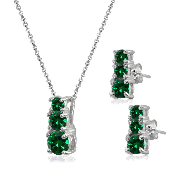 Sterling Silver Created Emerald Round Graduating Three Stone Stud Earrings & Necklace Set