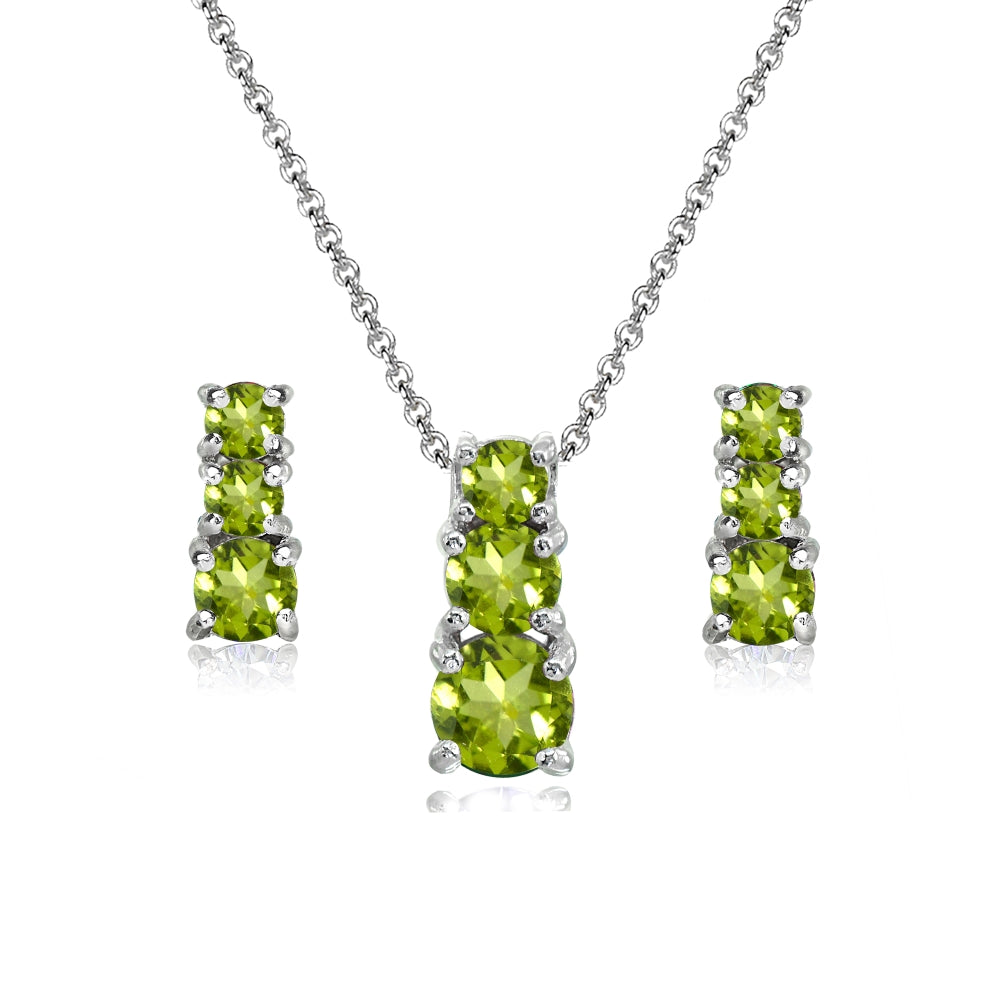 Sterling Silver Peridot Round Graduating Three Stone Stud Earrings & Necklace Set