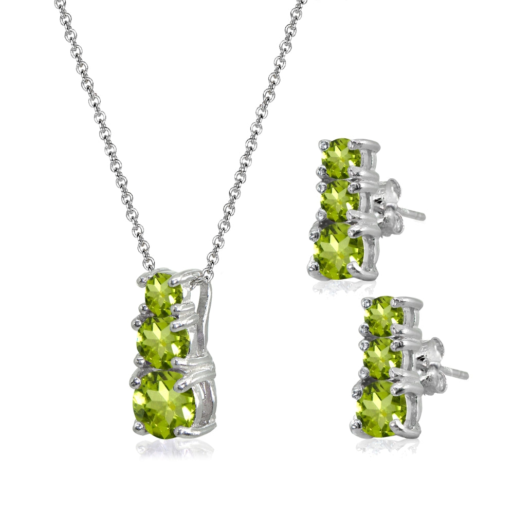 Sterling Silver Peridot Round Graduating Three Stone Stud Earrings & Necklace Set-2