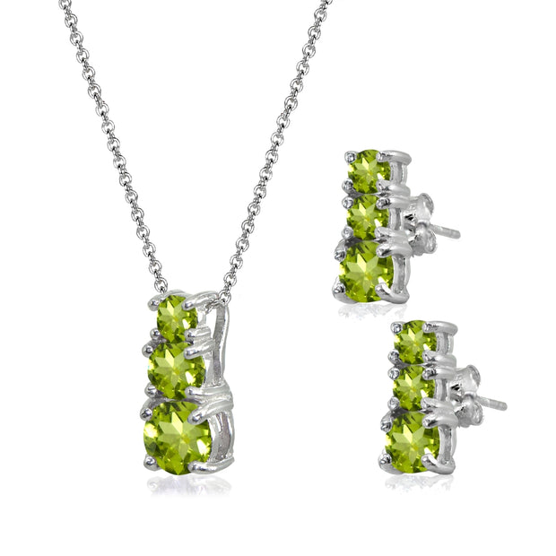 Sterling Silver Peridot Round Graduating Three Stone Stud Earrings & Necklace Set