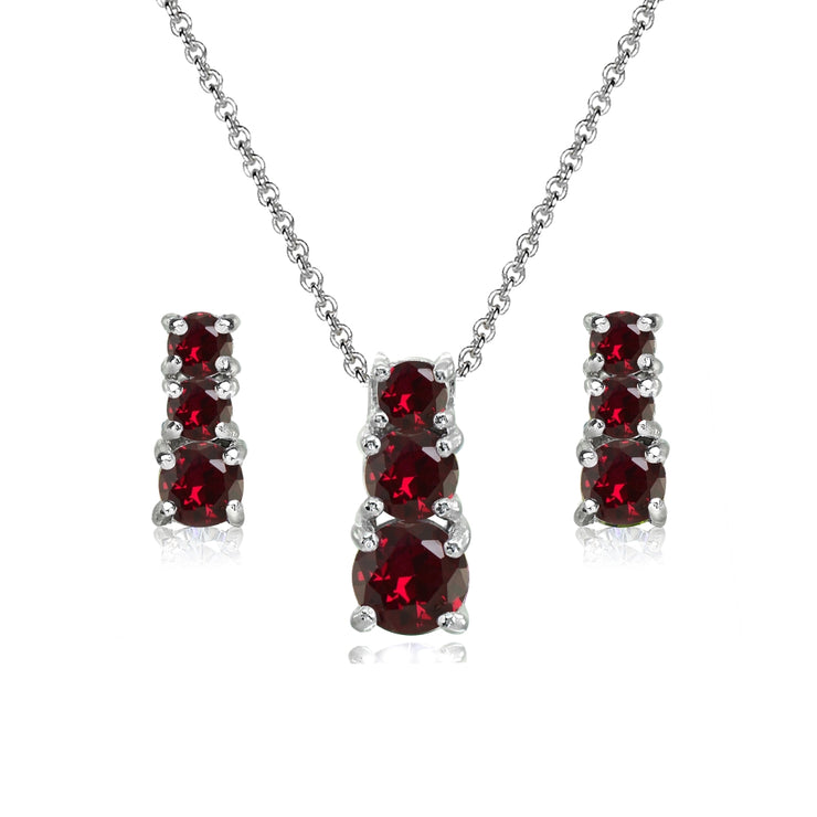 Sterling Silver Created Ruby Round Graduating Three Stone Stud Earrings & Necklace Set