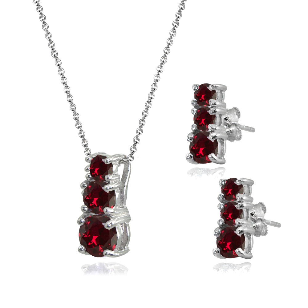 Sterling Silver Created Ruby Round Graduating Three Stone Stud Earrings & Necklace Set-2