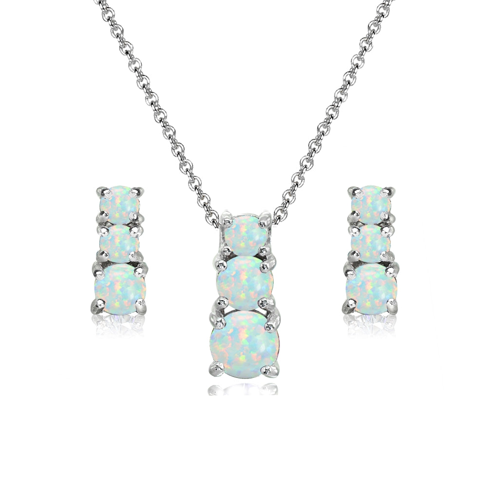 Sterling Silver Created White Opal Round Graduating Three Stone Stud Earrings & Necklace Set