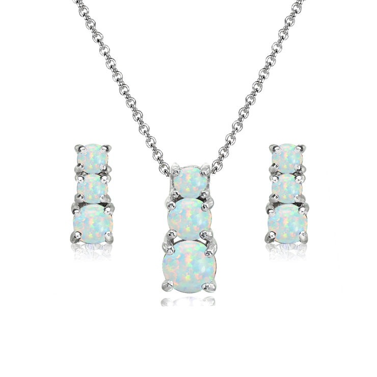Sterling Silver Created White Opal Round Graduating Three Stone Stud Earrings & Necklace Set