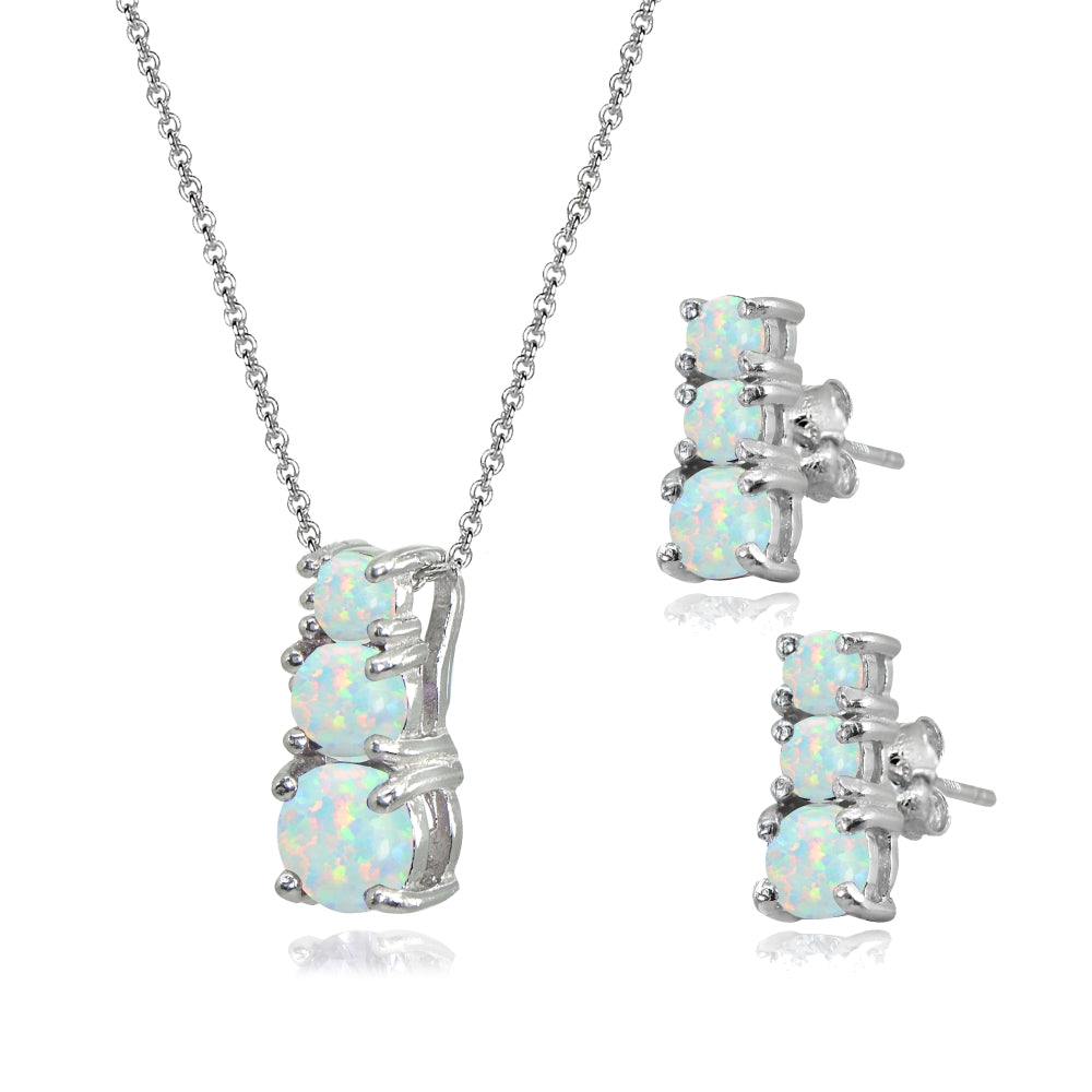 Sterling Silver Created White Opal Round Graduating Three Stone Stud Earrings & Necklace Set-2